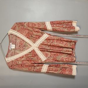 Y2K Self Esteem Boho Peasant Top Crochet Details Bell Sleeves Paisley Sz Medium